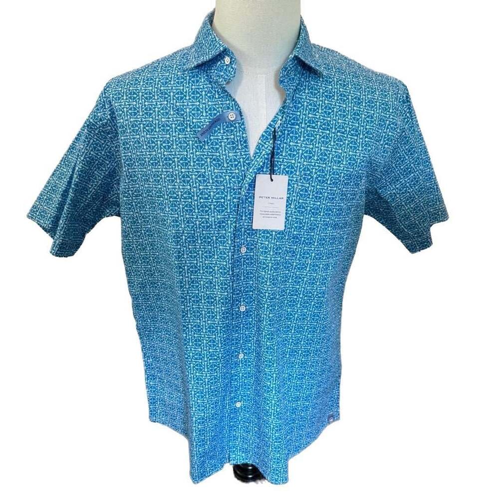 Peter Millar NWT Crown Fin Rays Stretch Short-Sleeve Sport Shirt, Blue, Size M
